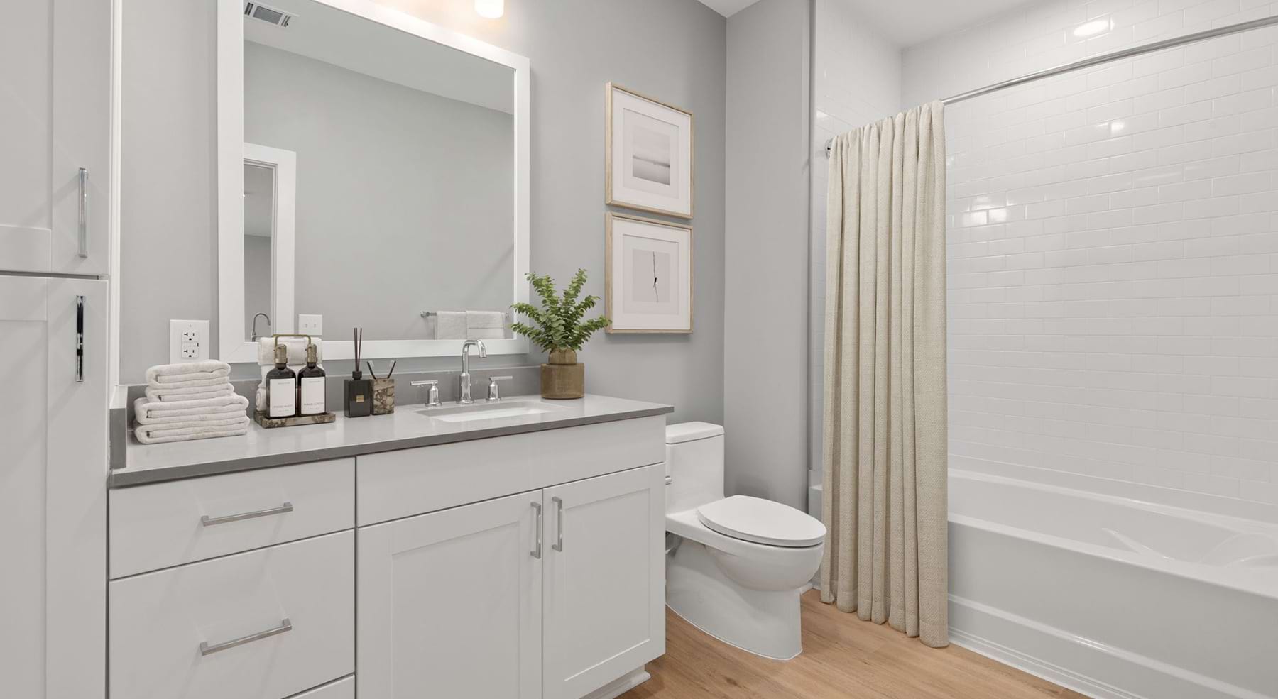 bath with vanity mirror toilet and shower