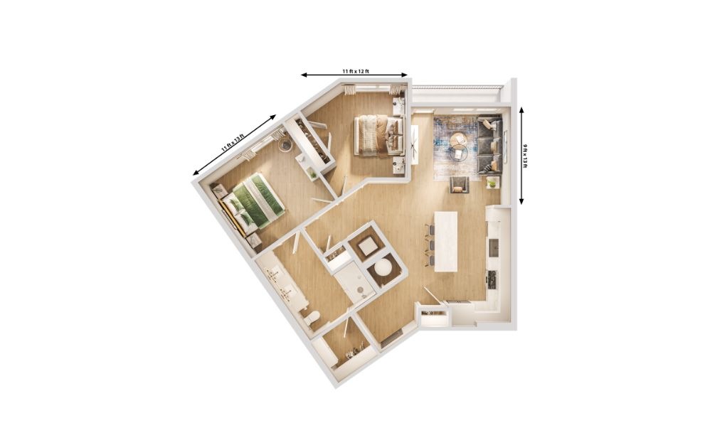 The Sorrel - 2 bedroom floorplan layout with 1 bathroom and 1068 square feet (Dimensions)