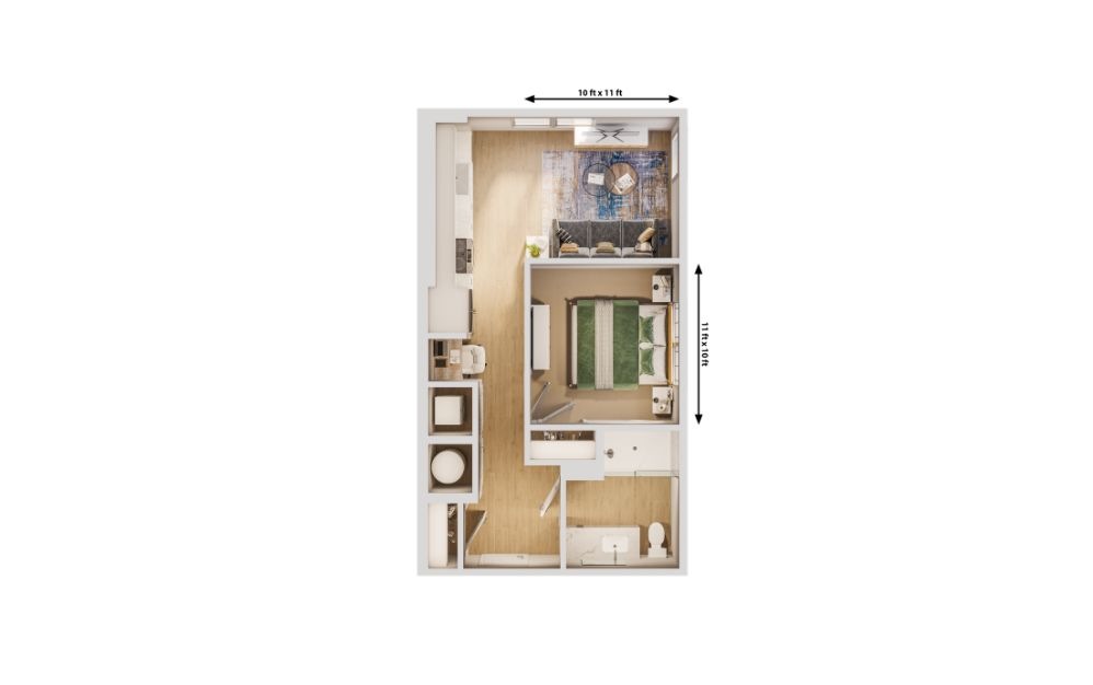 The Bay (A) - 1 bedroom floorplan layout with 1 bathroom and 580 square feet (Floorplan Dimensions)