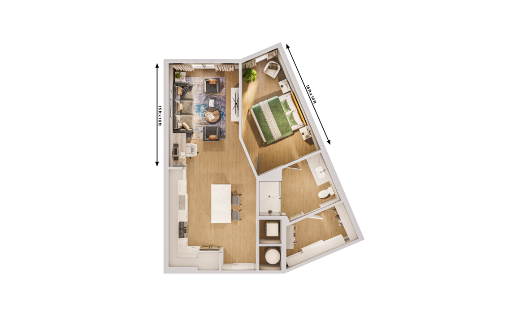 The Golden (A) - 1 bedroom floorplan layout with 1 bathroom and 760 square feet (Dimensions)