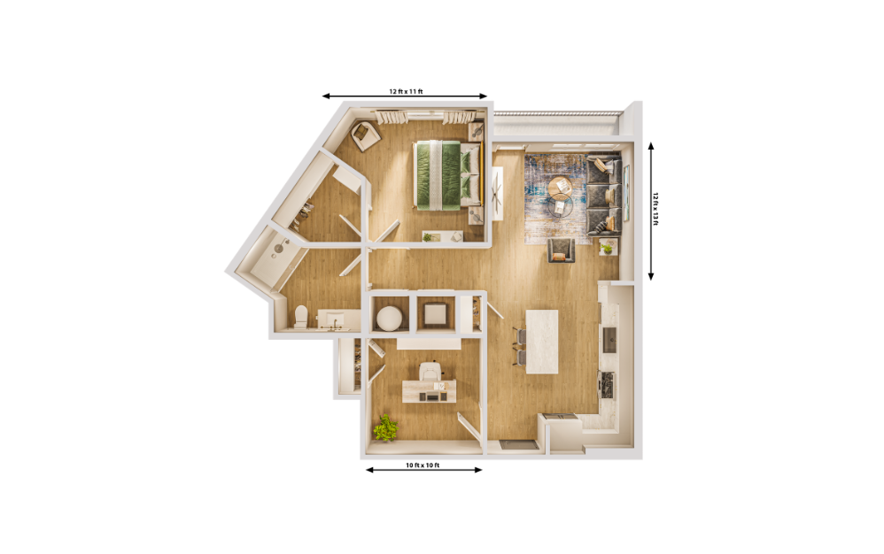 The Perlino - 1 bedroom floorplan layout with 1 bathroom and 918 square feet (Dimensions)
