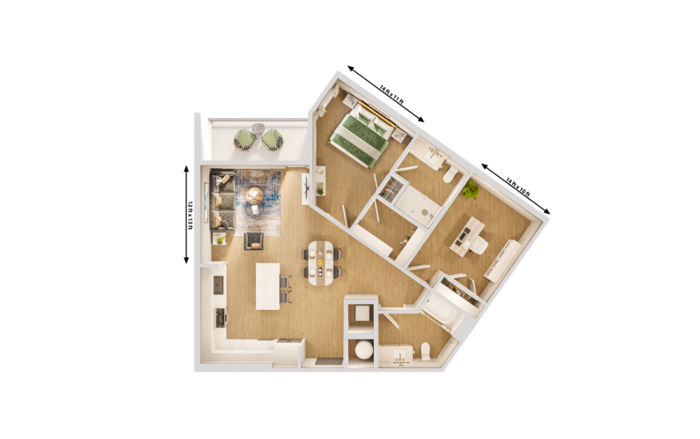 The Onyx - 1 bedroom floorplan layout with 2 bathrooms and 1081 square feet (Dimensions)