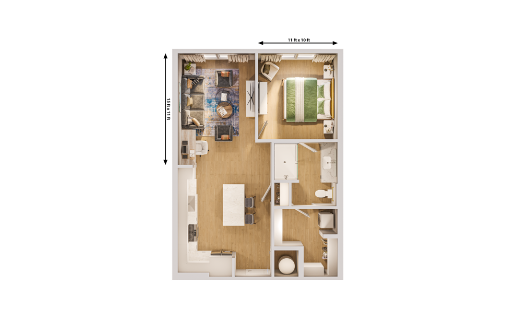 The Cobalt (A) - 1 bedroom floorplan layout with 1 bathroom and 732 square feet (Dimensions)