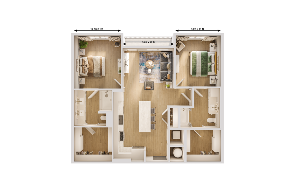 The Palomino - 2 bedroom floorplan layout with 2 bathrooms and 1137 square feet (Dimensions)
