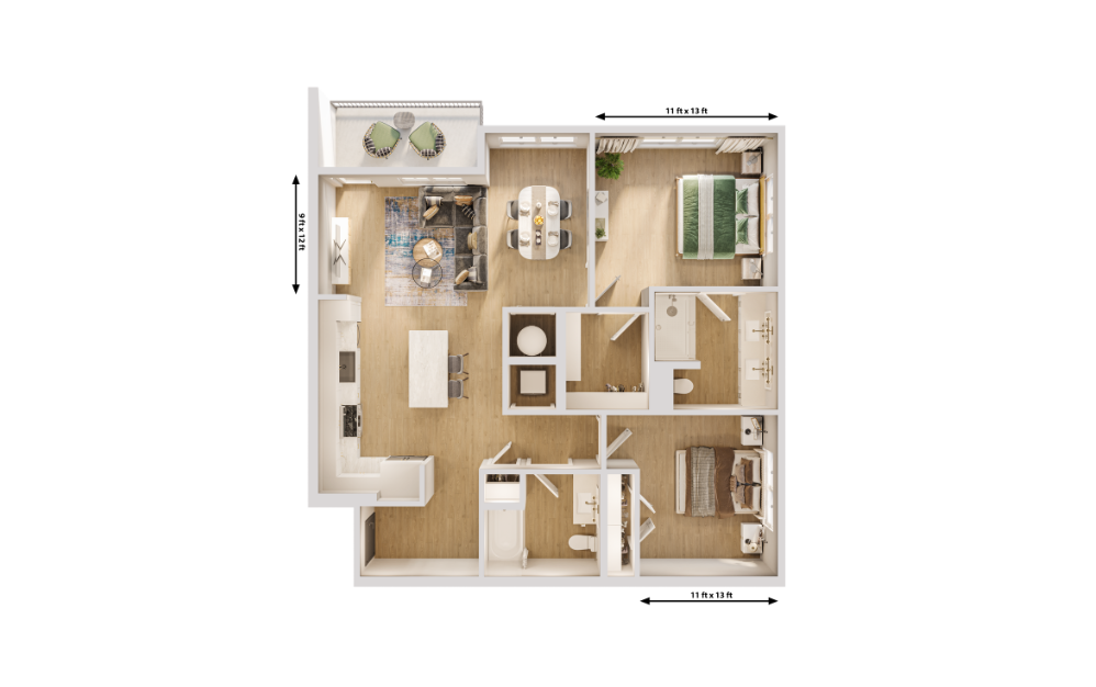 The Sienna - 2 bedroom floorplan layout with 2 bathrooms and 1130 square feet (Dimensions)