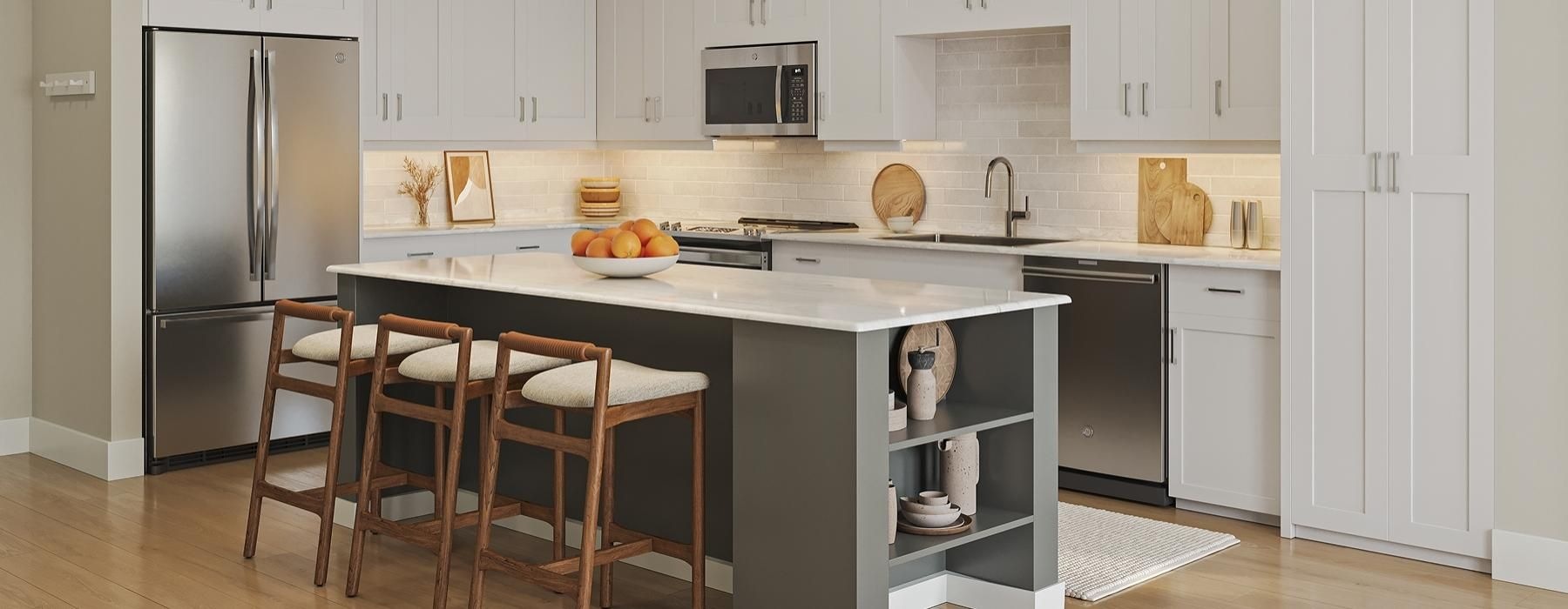 a kitchen with white cabinets