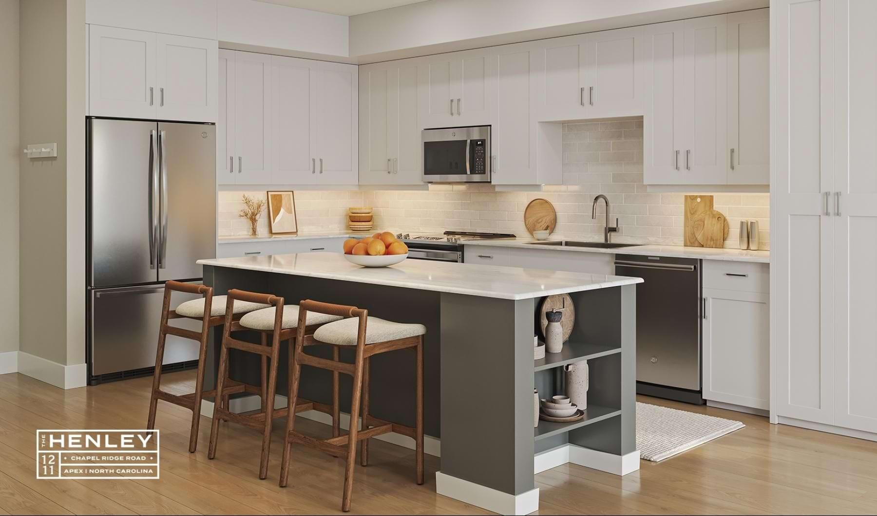 a kitchen with white cabinets